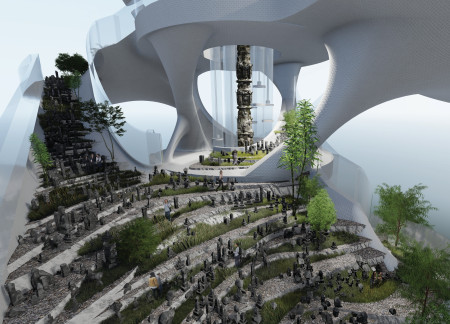 Vertical memorial space integrating reinforced concrete and green roof systems for urban reflection  