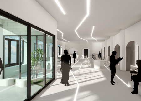 Terraced Greenery and Natural Light in a Versatile Workspace Featuring Stone and Glass Elements  