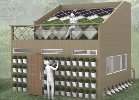 Charred Wooden Shingles and Aquaculture Integration in Sustainable Living Spaces  