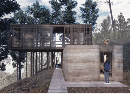 Rainwater Harvesting Retreat with Natural Stone Pathways and Warm Pine Interiors  