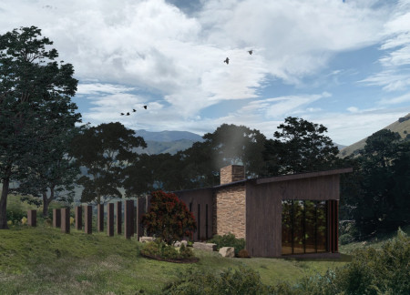 Rotating Cedar Panels Enveloping a Stone Hearth in a Meditation Cabin Nestled Within a Northern Forest
