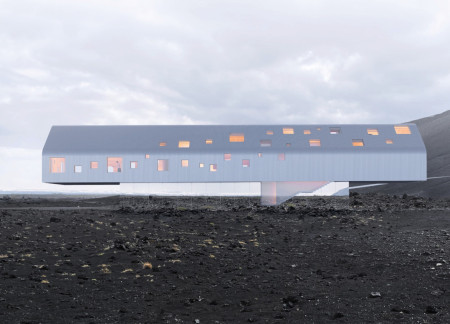 Cantilevered Structure with Metal Façade and Sheep Wool Insulation Nestled in a Volcanic Landscape