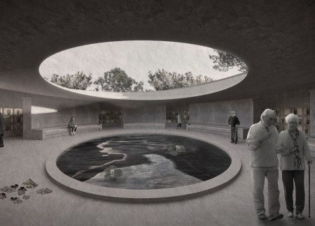 Spiral Form Embracing Natural Light and Tranquil Water Elements in a Concrete Memorial Space  