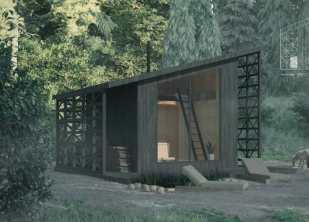 Sustainable residence featuring reclaimed wood and charred timber construction in harmony with nature