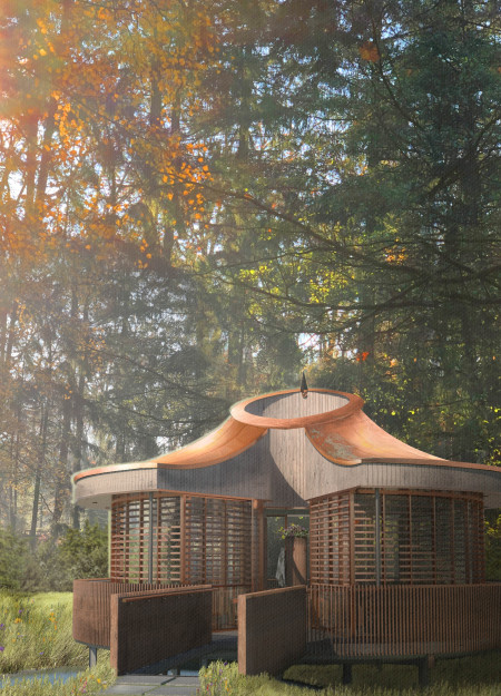 Copper Cladding and Macrocapa Wood Create a Meditative Sanctuary in the Heart of Nature