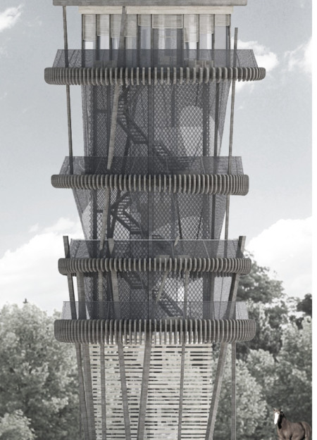Observation tower designed with modular steel frameworks and perforated metal cladding interwoven into the natural landscape  