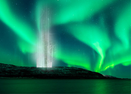 Ethereal Lightcloud Crafted from Transparent Glass and Lightweight Metals in a Northern Aurora Experience  