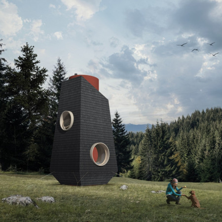 Asymmetrical Microhome Crafted from Sustainable Timber with Efficient Water Collection Features  