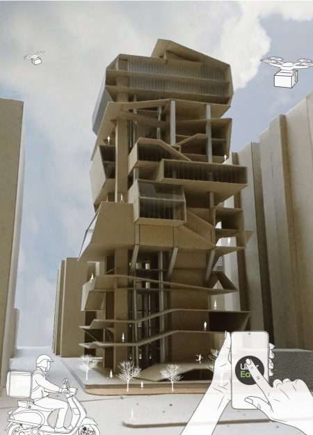 Vertical Structure with Folded Forms and Glass Facade in a Dynamic Urban Context  
