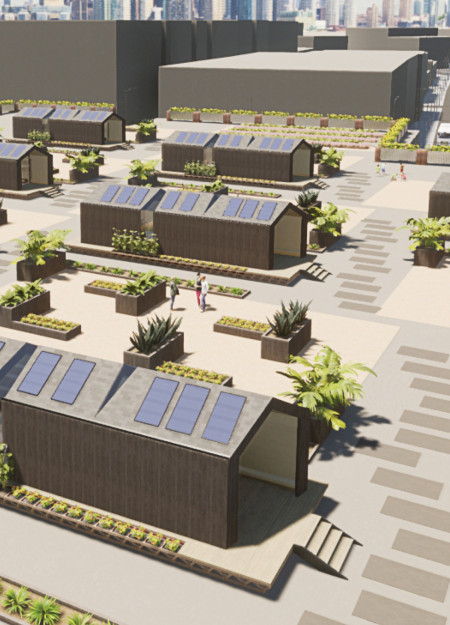 Rooftop Gardens and Biogas Systems Enclosed in Reclaimed Wood Shells For Sustainable Community Living