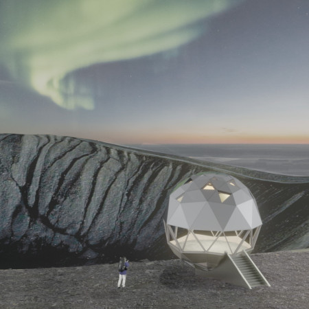 Kaleidoscopic Dome Crafted with Transparent Glass and Steel Integration in a Geothermal Landscape