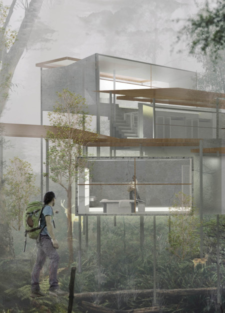Wellness retreat featuring cross-laminated timber panels and rainwater harvesting systems in a mountainous setting  