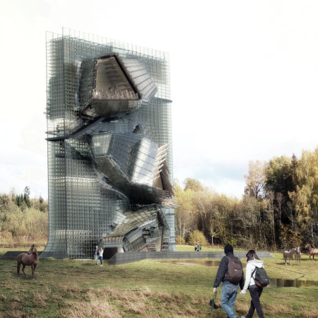 Charred Wood Shingles and Layered Forms Shape an Elevated Observation Experience