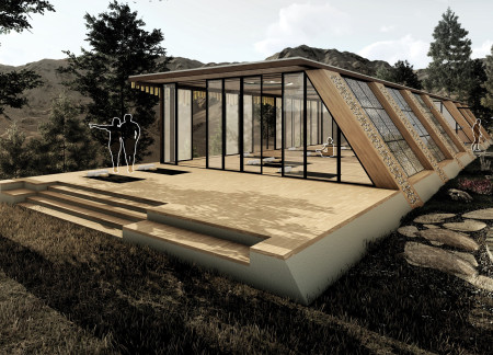 Eucalyptus Framework With Integrated Solar Panels Emphasizing Wellness Through Natural Light  