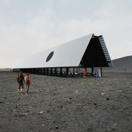 Curved Steel Framework and Charred Wood Cladding Shaping a Community Café in a Volcanic Landscape