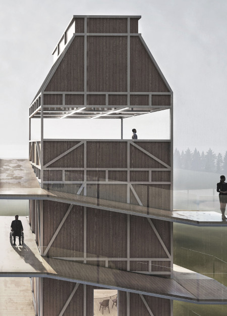 Vertical Barn Emphasizing Precast Concrete and Natural Wood Cladding for Community Engagement