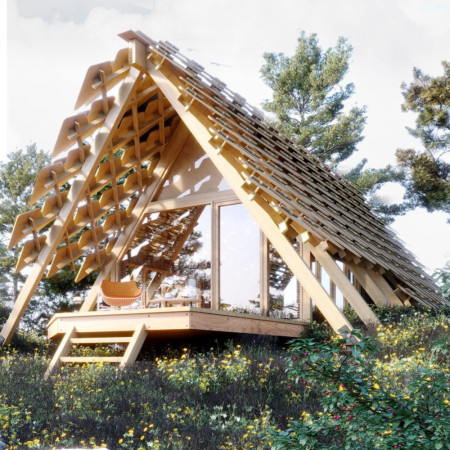 Charred Wooden Shingles Harmonizing with Prefabricated Canopy Structures in Sustainable Residential Design