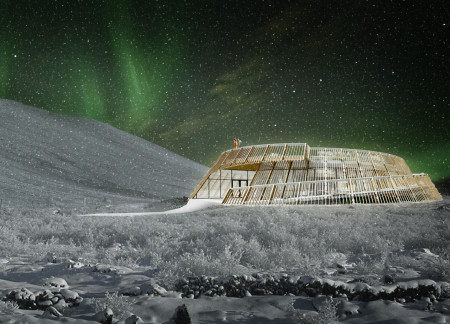 Circular Courtyard Embracing Charcoal Black and Natural Brown Timber in a Visitor Center at Hverfjall