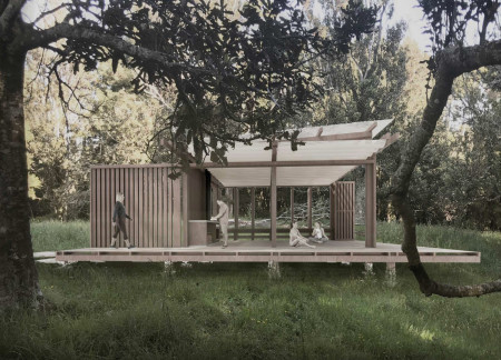 Operable Polycarbonate Roof and Natural Wood Integration for a Tranquil Meditation Space