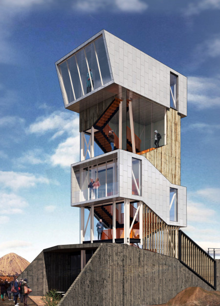 Geothermal Visitor Center With Expansive Glazing and Stacked Concrete Volumes