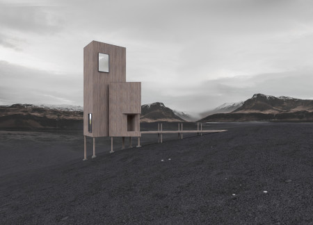 Charred Wood Shingles Elevate A Sustainable Observation Tower Against A Volcanic Backdrop  