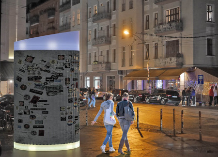 Cylindrical Steel Kiosk with Integrated RGB Lighting and Perforated Metal Features
