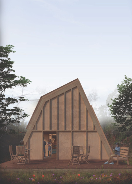 Triangular Structure Embracing Natural Light with Cross-Laminated Timber Panels and Charred Wood Accents for Mindfulness Practice