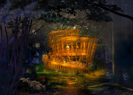 Wicker Nest Structure Embraced by Natural Light Within a Timber Retreat