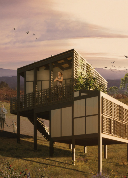 Charred Wooden Shingles and Sloped Stone Facades in a Mountain Retreat Designed for Wellness  