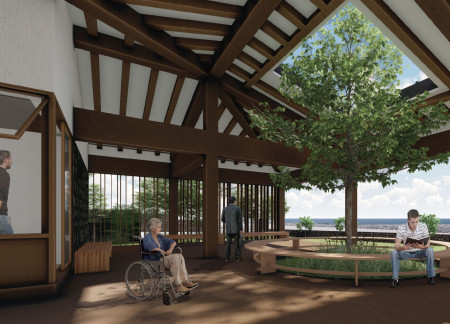 Basalt Walls and Natural Light Create a Serene Community Space for Well-Dying