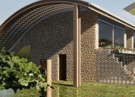 Charred Wooden Shingles Complementing Natural Stone in Eco-Friendly Guest House Design