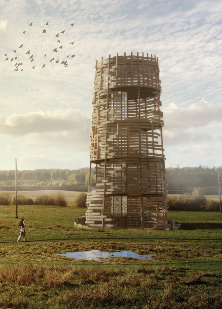 Cylindrical Structure Crafted from Locally-Sourced Timber with Slatted Glass Facade Overlooking Lush Landscapes
