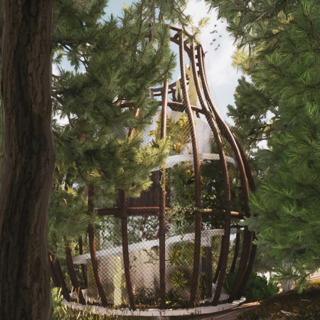 Bamboo Structures with Semi-Reflective Surfaces Blending Harmoniously into Natural Landscapes