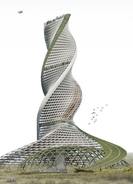 Eco-Friendly Spiral Tower Featuring Green Roof Systems and Sustainable Materials
