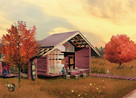 Floating Community Spaces Constructed with Charred Wooden Shingles and Transparent Facades  