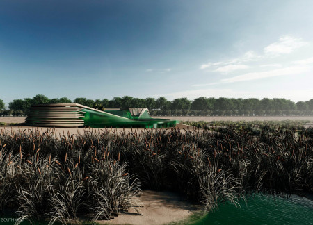 Bioclimatic Oasis with Earthy Cladding and Water Features for Ecological Engagement