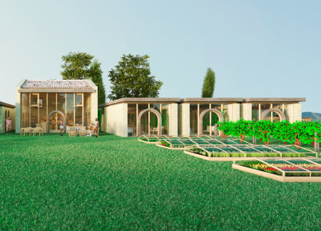 Sustainable Guesthouse Crafted From Local Stone With Clay Roofs Nestled In Agricultural Landscape