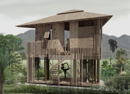 Woven Bamboo Retreat With Rainwater Management Designed for Mindful Living  