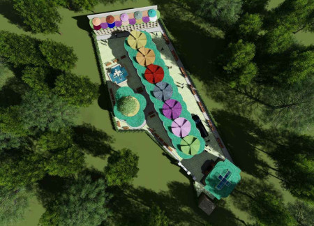 Circular Roofs and Engraved Marble Amidst Native Flora in a Forest Columbarium