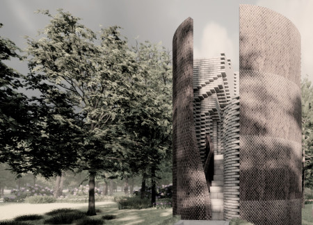 Gray Brick and Steel Formation in a Memorial Space for Reflection and Understanding