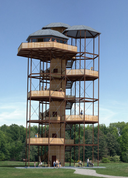 Hexagonally Stacked Observation Tower Featuring Sustainably Sourced Softwood and Expansive Glazing Within a Natural Landscape  