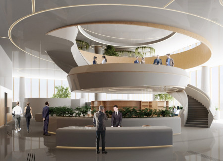 Sculptural Staircase and Indoor Track Enhance Community Hub Crafted with Glass and Concrete