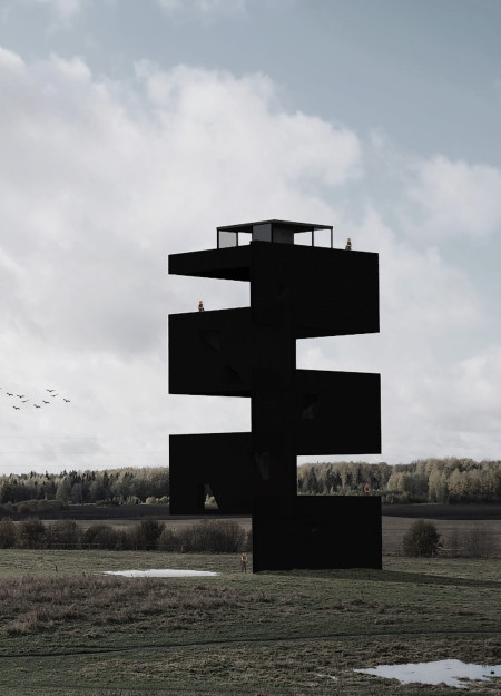 Charred Steel Structure Offering Elevated Views Within an Expansive Natural Landscape