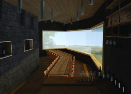 Clay and Slate Facade Framing Scenic Vineyard Views in a Sustainable Wine Tasting Venue  