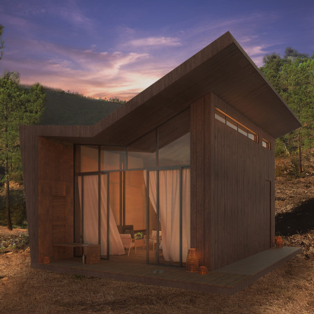 Sustainable Retreat Crafted From Oriented Strand Board and Natural Stone Embracing the Landscape