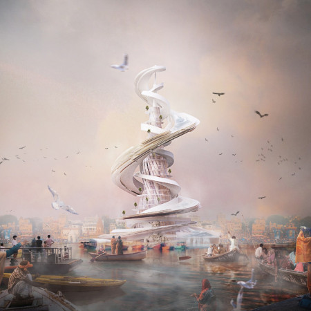 Spiral Structure Featuring Bio-Filtration Systems and Transparent Elements Along the Ganges River