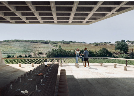 Cork Cladding and Dry Stone Walls Elevate Wine Tasting Experience Amidst Natural Landscape