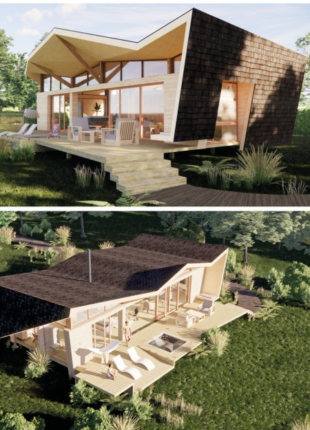 Folded Roof Structure Crafted from Laminated Veneer Lumber and Natural Wood Shingles for a Cozy Retreat  