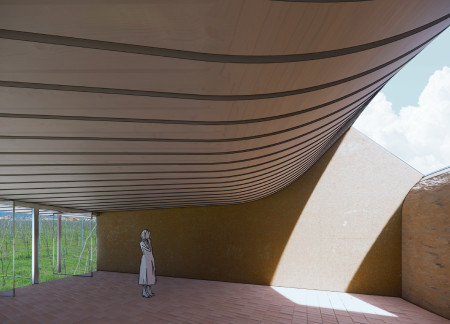 Corten Steel and Terracotta Blend in a Communal Space Amidst Umbrian Vineyards
