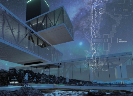 Tectonic Inspiration with Dark Concrete and Turquoise Glass Amidst Iceland’s Geological Landscape